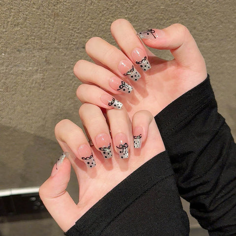 10pcs Short Square False Nails Handmade Blush Pink Press On Nails French Style Lace Wave Point Bowknots Designs Fake Nail Art