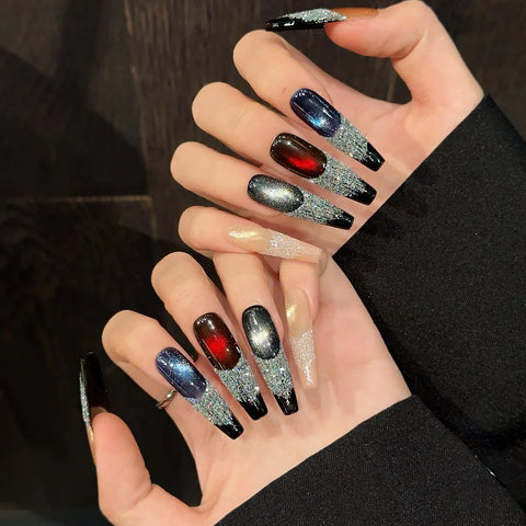 10pcs Spicy Girls Wearable Fake Nails Starry Sky Cat's Eye Long Coffin Handmade Press On Nails Full Shiny Diamond Y2k False Nail