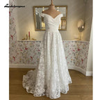 Vestido de novia bohemio de playa con escote barco y mangas cortas, corte A, estilo bohemio, de NumberSea, color blanco roto, para recepción nupcial, 2024 