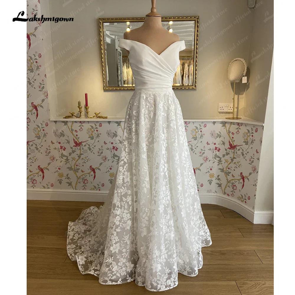Vestido de novia bohemio de playa con escote barco y mangas cortas, corte A, estilo bohemio, de NumberSea, color blanco roto, para recepción nupcial, 2024 