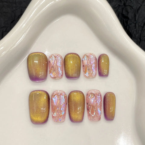10 Stück neue zweifarbige Press-On-Nägel, handgefertigt, glänzende Glasperlen, Katzenauge, künstliche Nägel, glänzende Pailletten-Designs, DIY-Gefälschte Nagelspitzen 