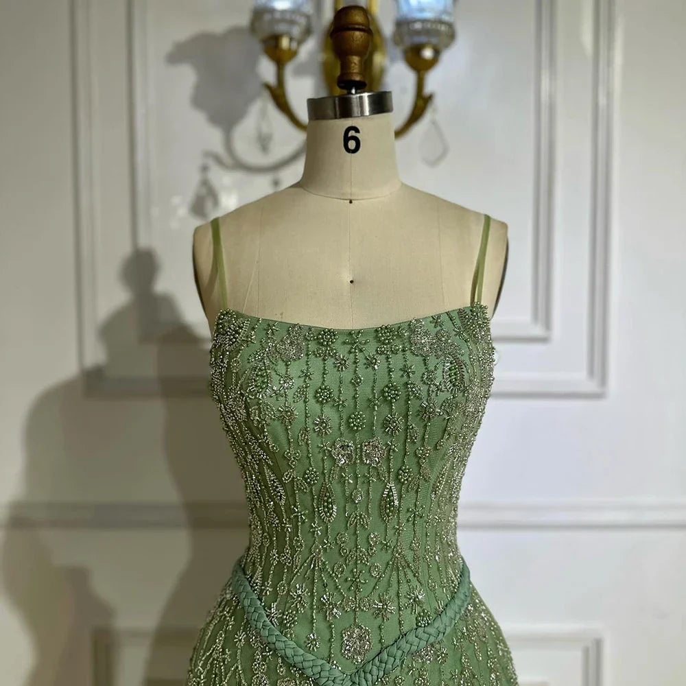 Luxury Sage Green Beaded A-Line Spaghetti Strap Evening Dress