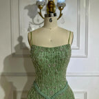 Luxury Sage Green Beaded A-Line Spaghetti Strap Evening Dress