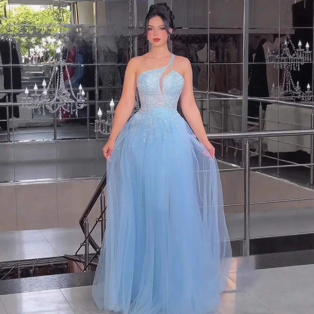 Serene Hill Blaues Spaghettiträger A-Linien One-Shoulder Ballkleid