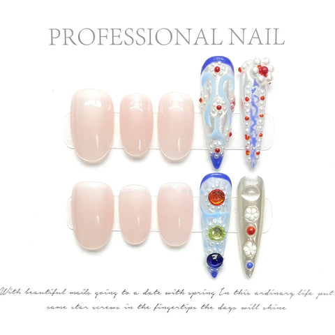 10pcs Retro Style Press On Nails Handmade Chinese Court False Nails Glossy Almond And Luxury Long Stiletto Fake Nail For Women