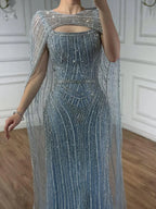 Vestido de Noche de Lujo Azul Diamante con Capa