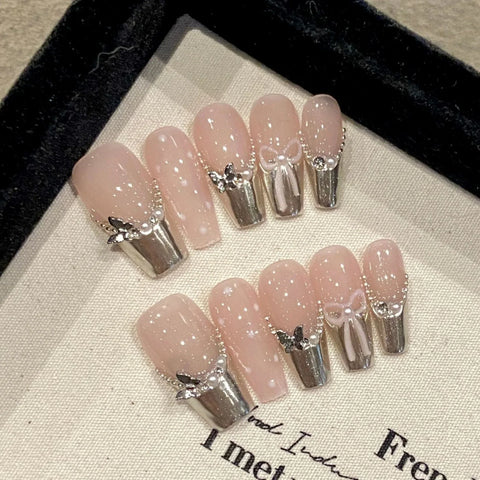 10pcs Handmade press On Nails New Chinese Style Silver French Tips Fake Nail Hand-painted Bamboo Leaf Pearl Diamond False Nails