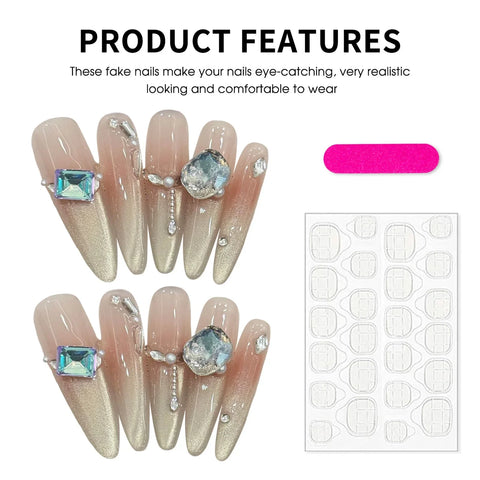 10pcs Long Ballet Press On Nails Glitter Champagne Gold French Blush Cat's Eye Handmade Fake Nails Flash Diamond False Nail Tips