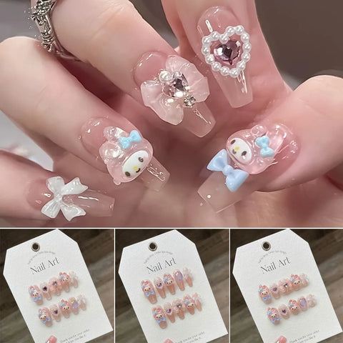 10pcs Handmade Press On Nails Lignt Pink Cute Cartoon Decor False Nail Patches 3D Bows Pearl Designs Korean Fake Nail Tips