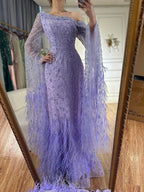 Luxury Feather One Shoulder Evening Dress with Cape Sleeves LA72763