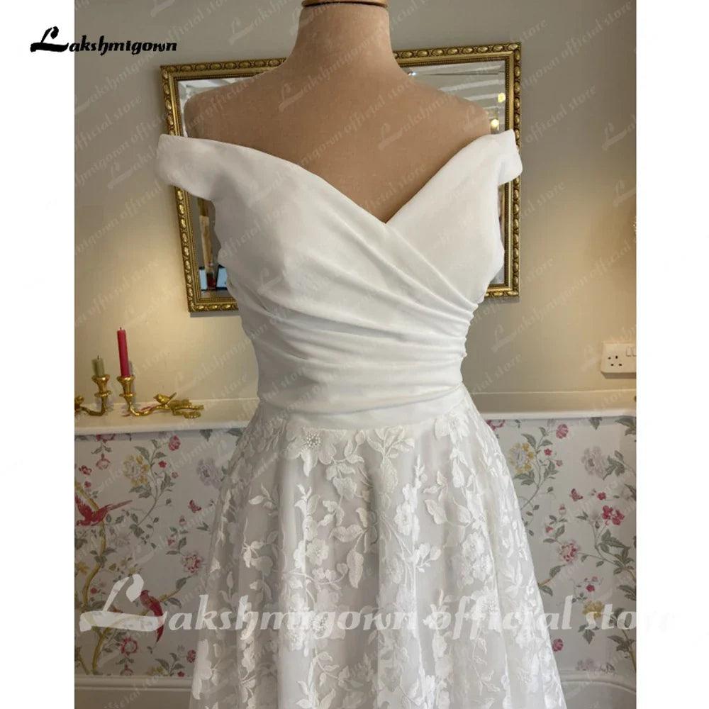 Vestido de novia bohemio de playa con escote barco y mangas cortas, corte A, estilo bohemio, de NumberSea, color blanco roto, para recepción nupcial, 2024 