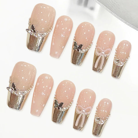 10pcs Handmade French Tips False Nail Medium Length Coffin Fake Nails Metal Butterfly Pearl Bowknots Designs Press On Nails