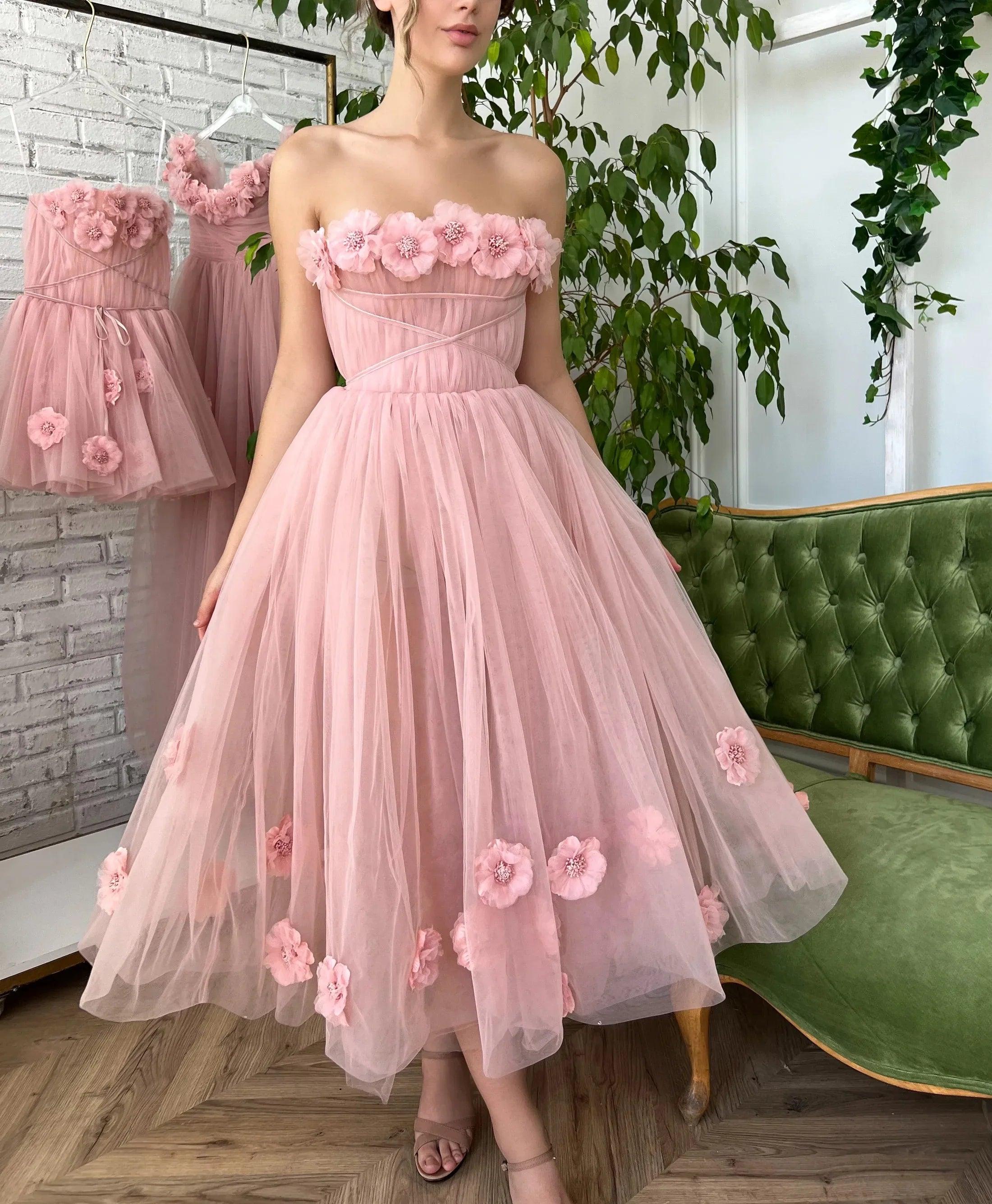 Vestido de novia de jardín rosa sin tirantes NumberSea para mujer, vestido de novia de playa con encaje y flores 2025 