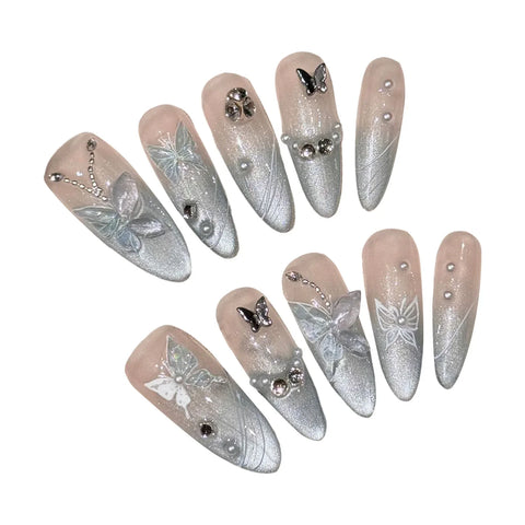 10pcs Handmade Long Almond False Nails Glitter Cat's Eye Press On Nails With Matal Butterfly Diamond Decor French Style Manicure
