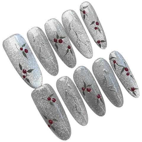 10pcs Handmade Sliver Fake Nails Long Almond Flash Cat's Eye Press On Nails Hand Painted Cherry Designs False Nail For Women