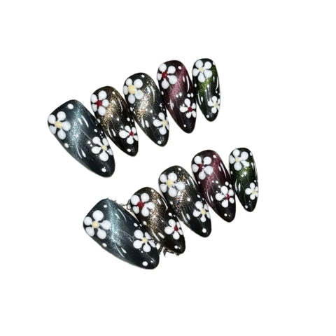 10pcs Colorful Painting Flower False Nails Handmade Aurora Black Press On Nails Detachable Almond Fake Nail Tips For Cool Girls