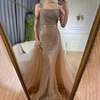 Serene Hill Gold Meerjungfrau Elegant One Shoulder Überrock Perlen Luxus Abendkleider Roben 2025 für Damen Hochzeitsfeier