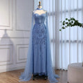 Luxury Blue Sequin Beaded Evening Dress with Cape Sleeves