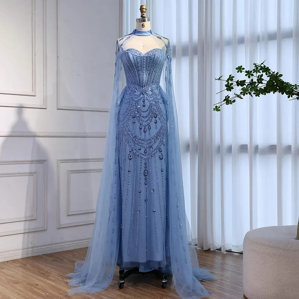Luxury Blue Sequin Beaded Evening Dress with Cape Sleeves