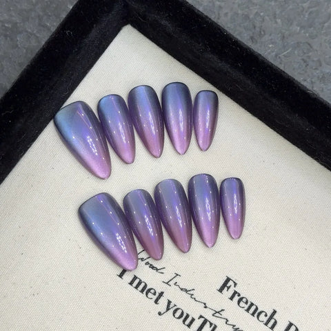 10pcs Glossy Cat's Eye Press On Nails Nude Purple Color Wearable Almond Handmade False Nails Daily Party Manicure For Women
