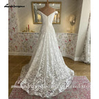 Vestido de novia bohemio de playa con escote barco y mangas cortas, corte A, estilo bohemio, de NumberSea, color blanco roto, para recepción nupcial, 2024 
