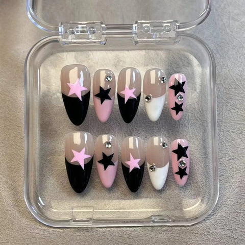 10pcs Handmade Press On Nails Black White Pink French Style False Nails Paches Star Designs Wearable Almond Fake Nail For Women