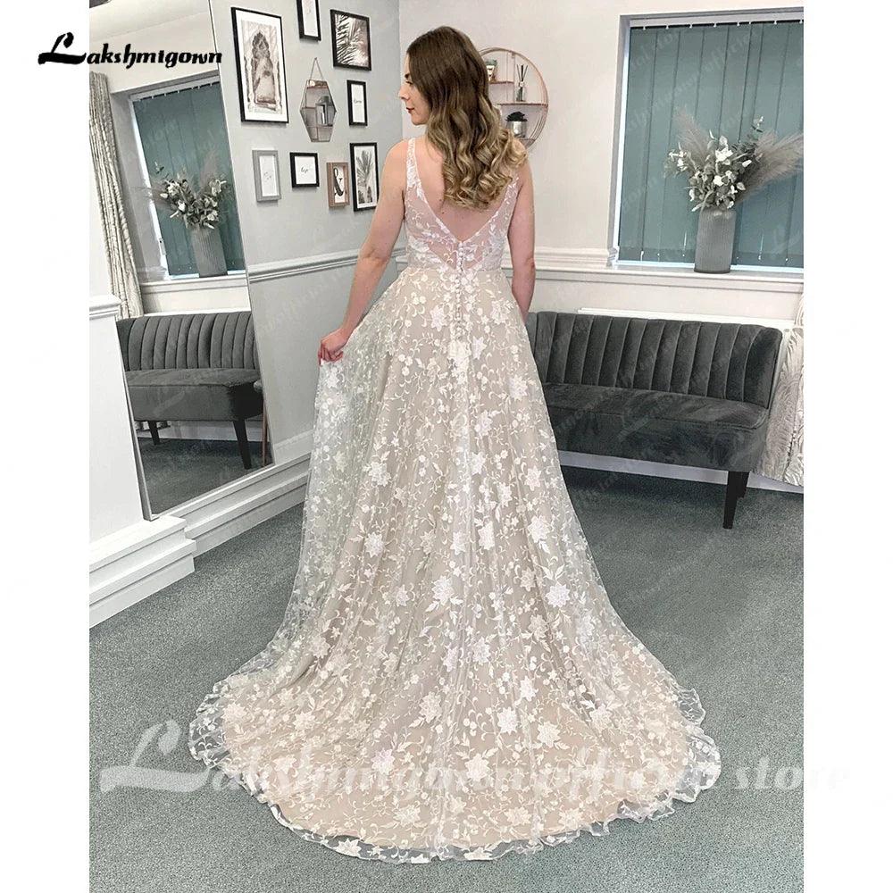 NumberSea Vintage Champagne Full Lace Boho Wedding Dress  Vestidos Noivas V Neck Sexy Bridal Wedding Gowns Open Back