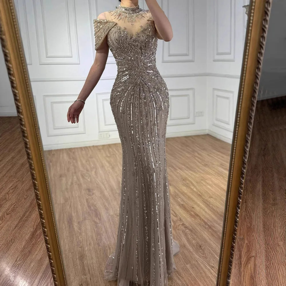Vestido de Noche de Lujo Color Caramelo Sirena con Cuentas LA73082