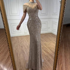 Vestido de Noche de Lujo Color Caramelo Sirena con Cuentas LA73082