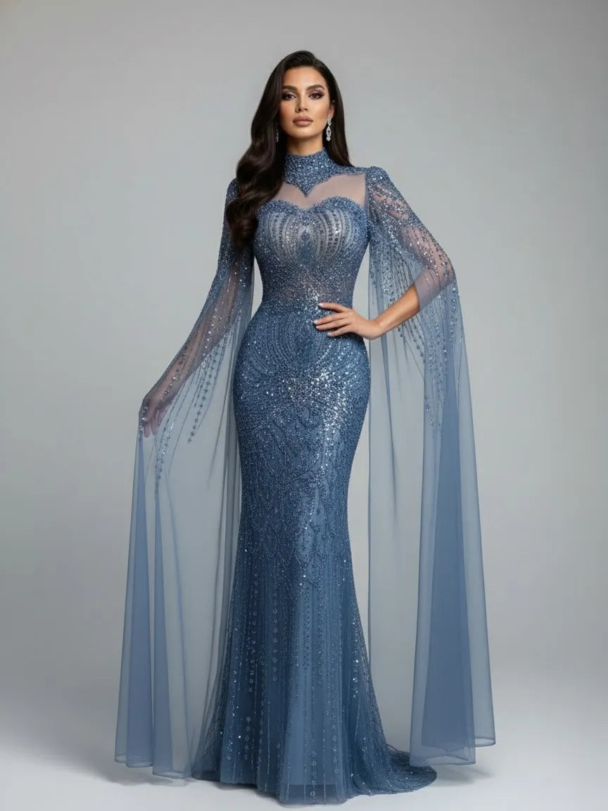 Luxuriöses, dezentes blaues Meerjungfrauen-Abendkleid mit Cape LA73006