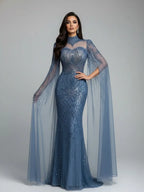 Luxuriöses, dezentes blaues Meerjungfrauen-Abendkleid mit Cape LA73006