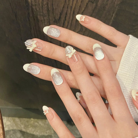 10pcs Sweet Ballet Style Handmade Fake Nails Bowknots Ribbon Cream French Tips Press On Nail Blush Shiny Cat's Eye False Nails