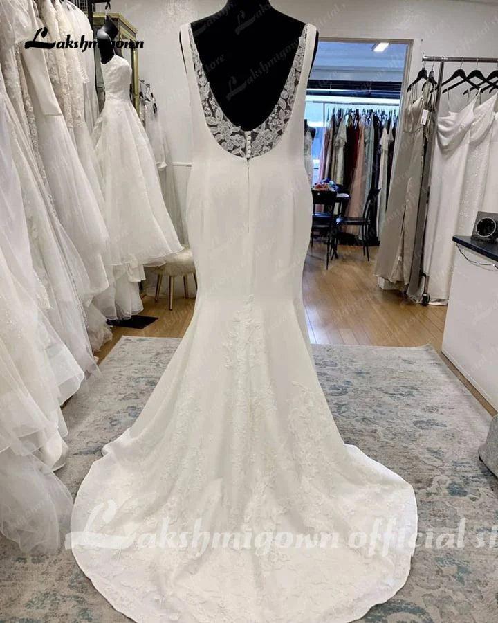 Vestidos de novia de sirena bohemios de talla grande NumberSea para mujer 2025, vestido de novia con escote redondo y encaje de crepé. 