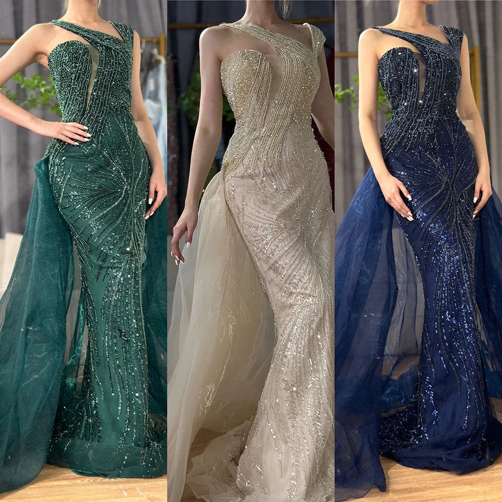 Luxuriöses Dubai Nude Meerjungfrau Abendkleid in Grün mit elegantem One-Shoulder-Überrock für formelle Anlässe