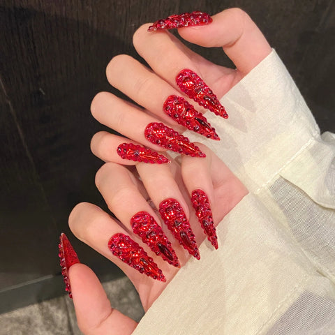 10pcs Full Shiny Rhinestone Press On Nails Handmade Red Long Stiletto Luxury False Nails Full Cover Y2k Fake Nail For Summer