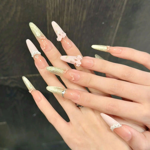 10pcs Shimmry Gold Cat's Eye Press On Nails Peach Pink French Pearl Skirt Hem Bowknots Handmade False Nail Long Almond Fake Nail