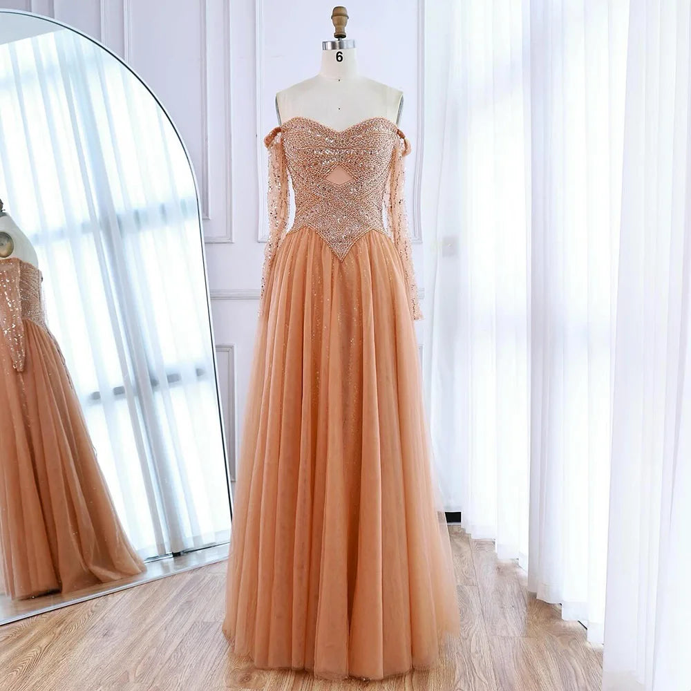 Luxuriöses schulterfreies A-Linien Abendkleid mit Perlen