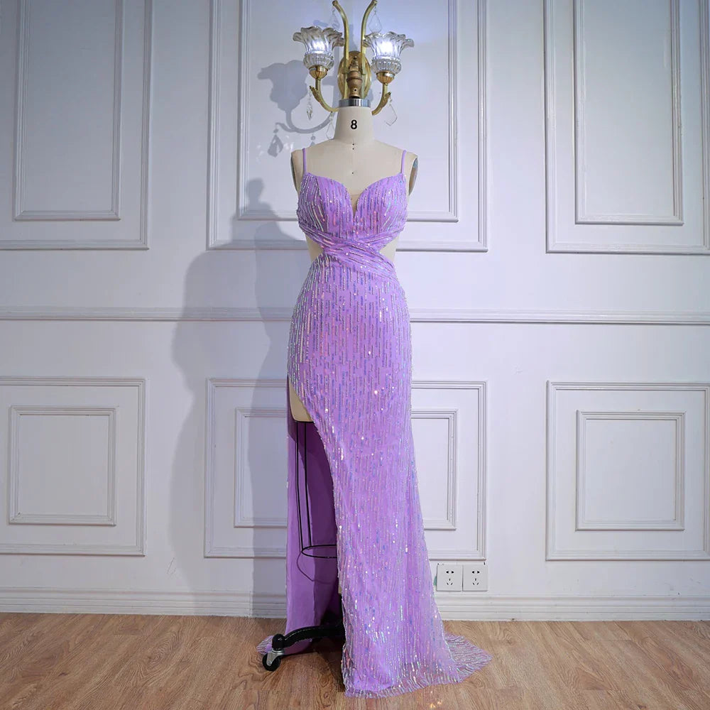 Vestido de fiesta de lentejuelas moradas de lujo con abertura y cintura recortada LA73000