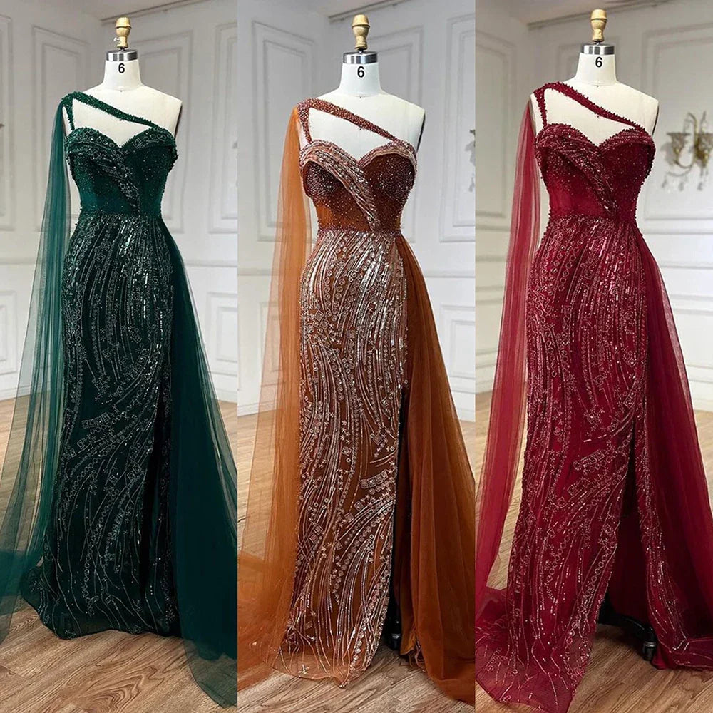 Luxury Green One Shoulder Mermaid Evening Dress with Cape