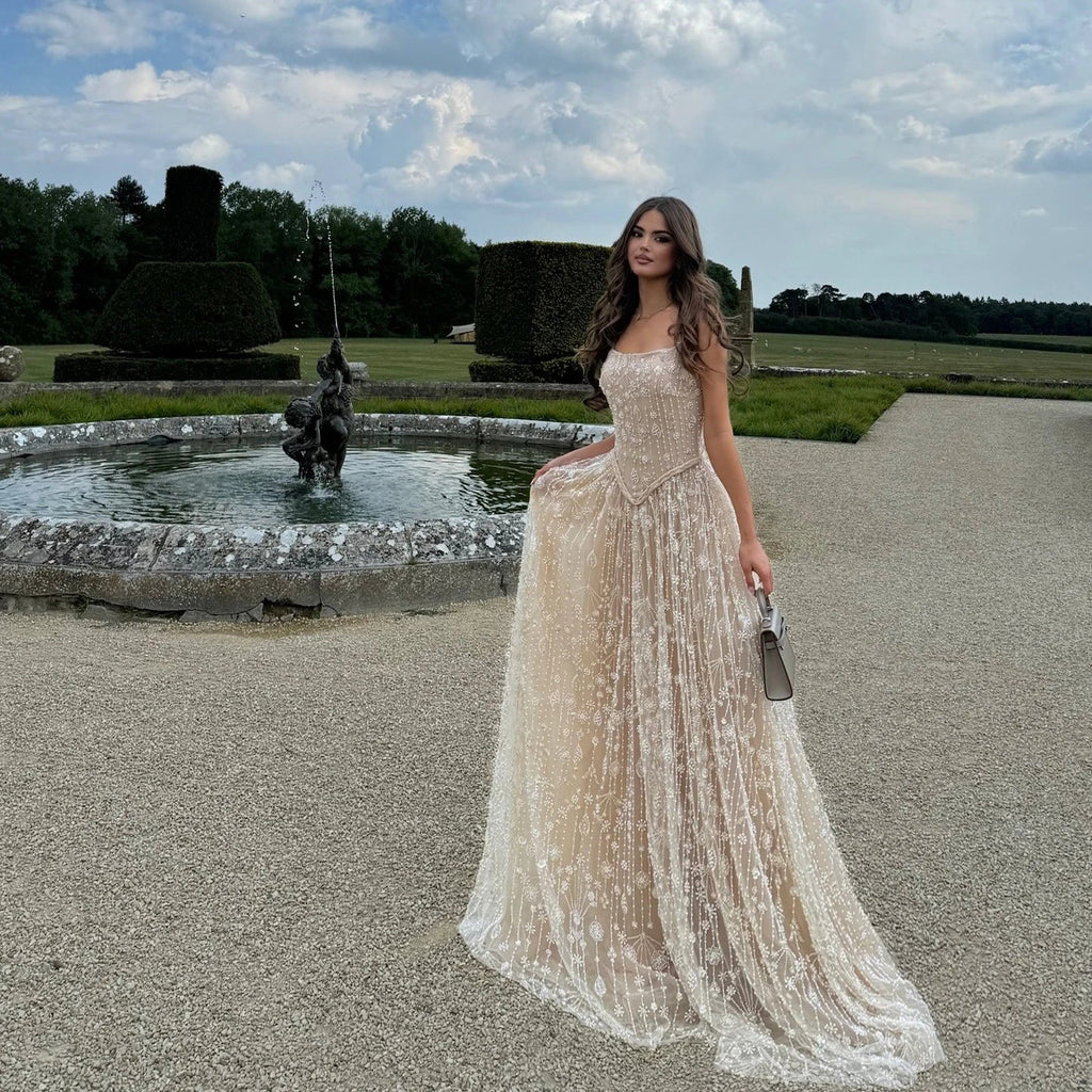 Luxury Sage Green Beaded A-Line Spaghetti Strap Evening Dress