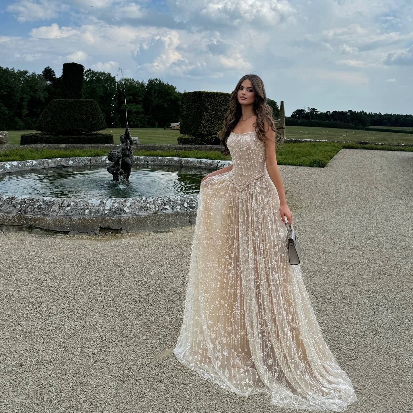 Luxury Sage Green Beaded A-Line Spaghetti Strap Evening Dress