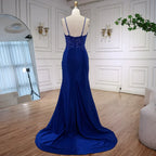 Luxury Navy Blue Lace Slit Prom Dress with Spaghetti Straps