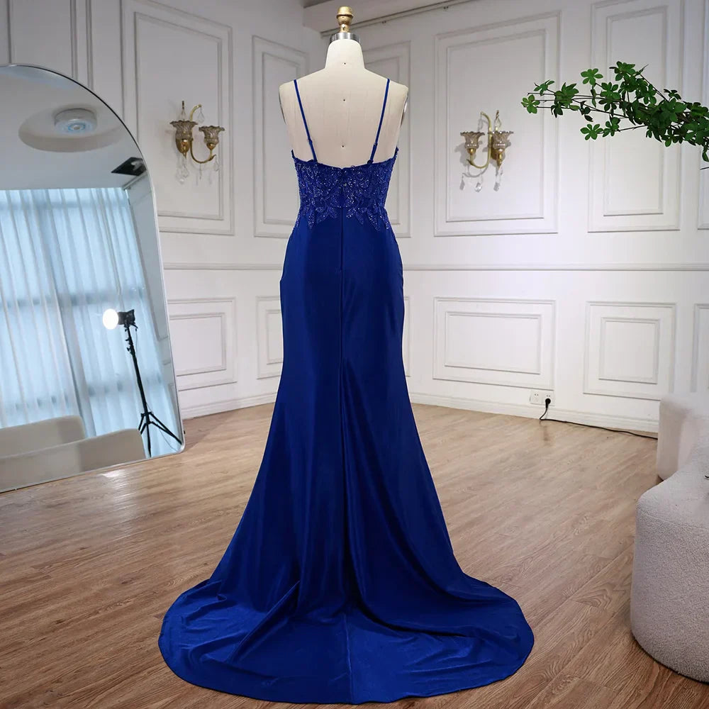 Luxury Navy Blue Lace Slit Prom Dress with Spaghetti Straps