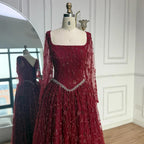 Luxuriöses salbeigrünes Abendkleid mit Perlen und langen Ärmeln