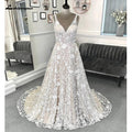 NumberSea Vintage Champagne Full Lace Boho Wedding Dress  Vestidos Noivas V Neck Sexy Bridal Wedding Gowns Open Back