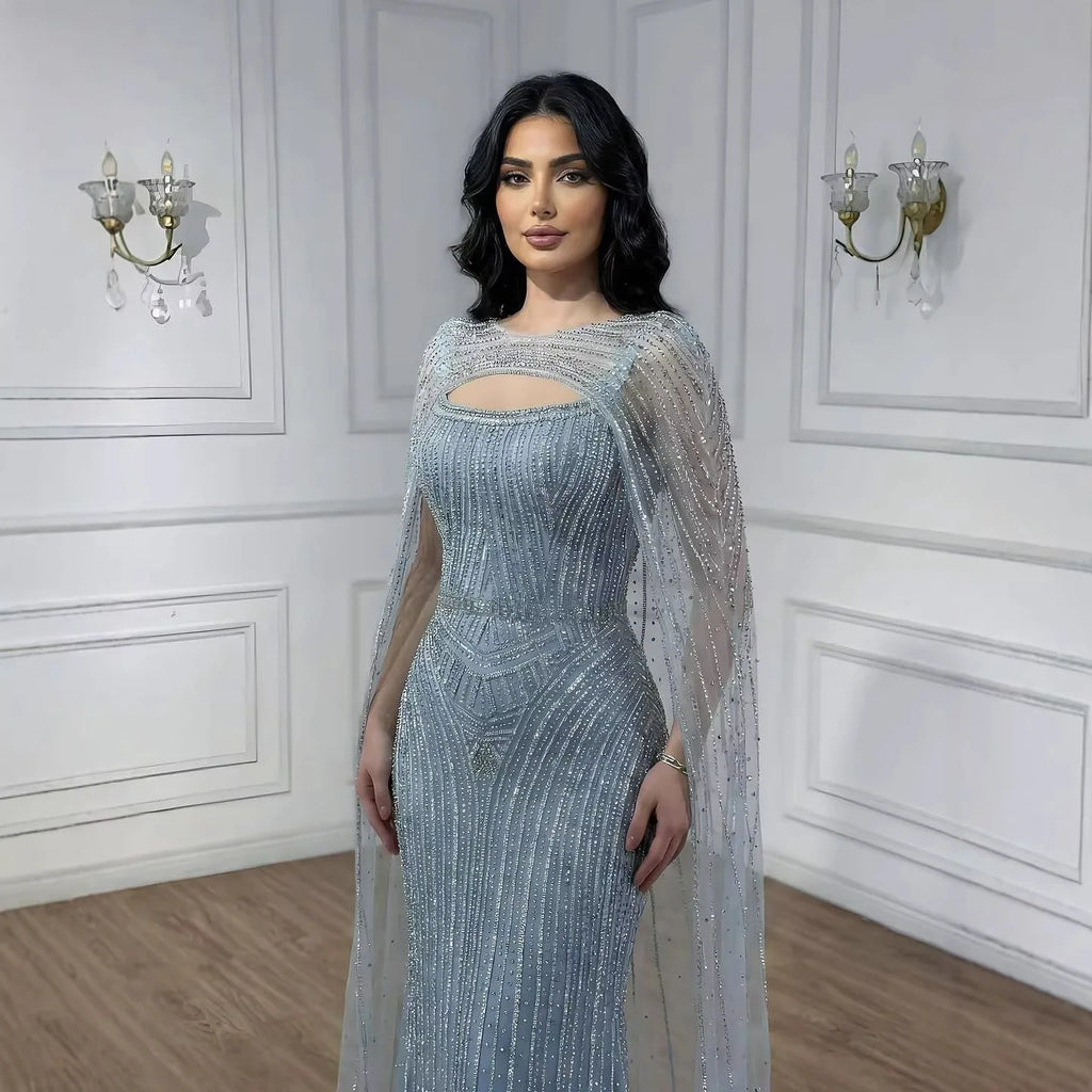 Vestido de Noche de Lujo Azul Diamante con Capa