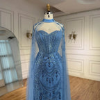 Luxury Blue Sequin Beaded Evening Dress with Cape Sleeves