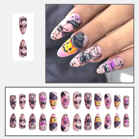 24pcs Wearable Almond False Nail Patches Halloween Theme Press On Nails With Dancing Spider Bat Pumpkin Designed DIY Manicure