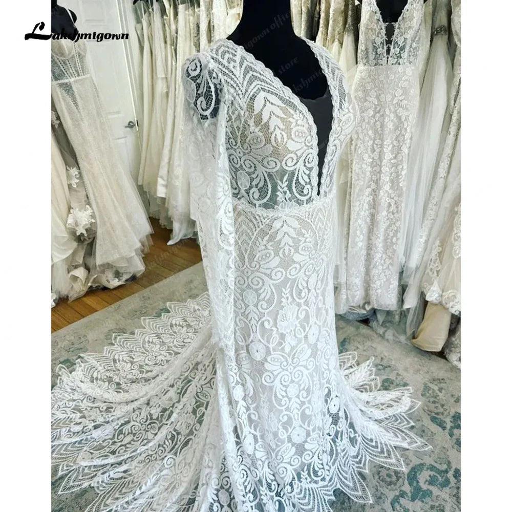 Vestidos de novia NumberSea 2025 con escote en V pronunciado, mangas largas, encaje, sirena, batas, sexy, estilo bohemio, para playa, sin espalda 