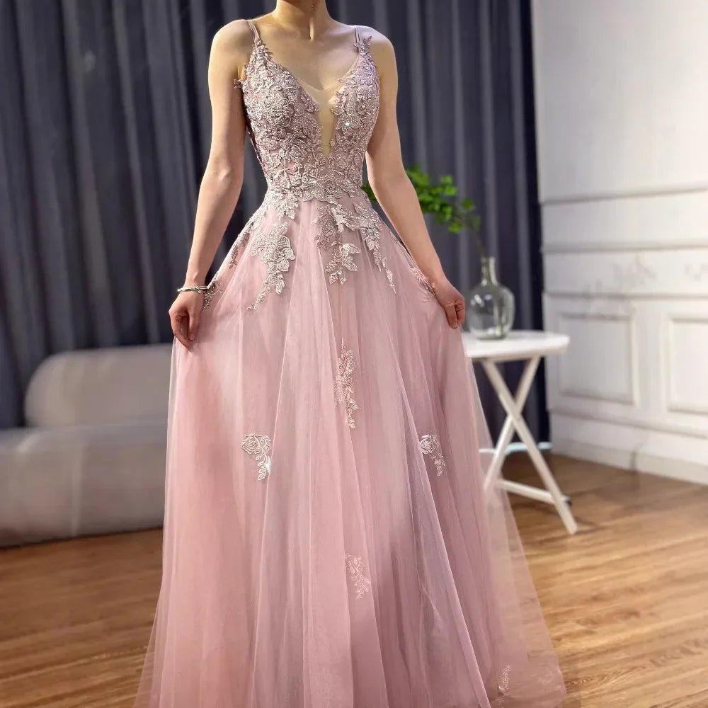 Luxuriöses salbeigrünes A-Linien-Abschlussballkleid aus Spitze mit Spaghettiträgern